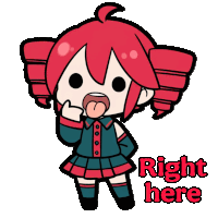 a cartoon of a girl sticking out her tongue and the words right here