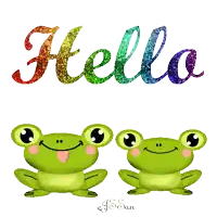 two green frogs are sitting next to each other under the word hello