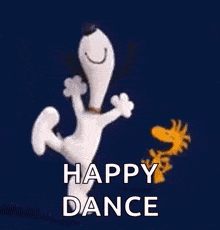 a picture of snoopy and woodstock dancing with the words happy dance above them