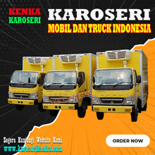 three yellow trucks are lined up in a row with the words " karoseri mobil dan truck indonesia " above them