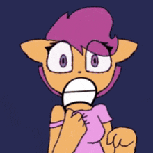 a cartoon character with a pink hair and sunglasses is smiling .