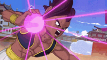 a cartoon character is holding a pink sphere in his hands