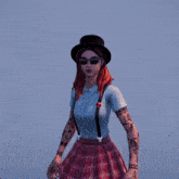 a girl in a top hat and suspenders singing into a microphone