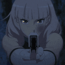 a girl with white hair is holding a blue object