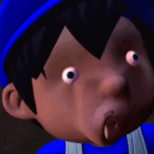 a close up of a cartoon character 's face with big eyes .