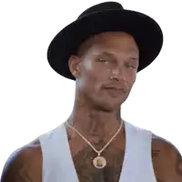 a man wearing a hat and a necklace has a tattoo on his neck that says nc