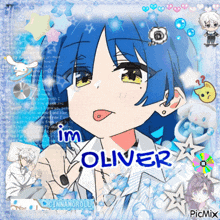 a picture of a girl with blue hair and the name oliver on the bottom
