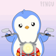 a cartoon of a penguin riding a motorcycle with the word pengu in the background