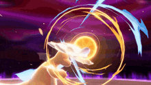 a video game character is being attacked by a purple and yellow circle
