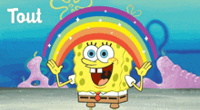 a cartoon of spongebob with a rainbow behind him and the word tout on the bottom