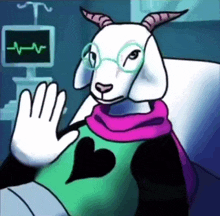 a cartoon of a goat wearing glasses sitting in a hospital bed waving