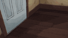 a cartoon of a boy and a girl hugging in front of a door