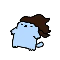 a cartoon drawing of a blue cat with long brown hair