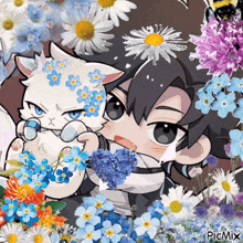 a picture of a boy holding a cat with flowers around him