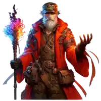 a man with a beard and a red coat holds a torch