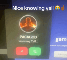 a phone screen shows a call from packgod incoming