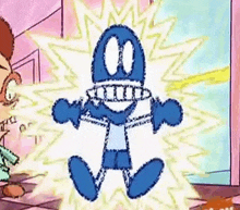 a blue cartoon character is being electrocuted by a man .