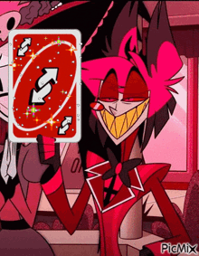 a cartoon character is holding a red card with arrows pointing in opposite directions and smiling .