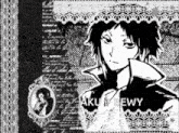 a black and white drawing of a man with aku bewy written on the bottom right
