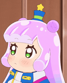 a cartoon character with pink hair and green eyes