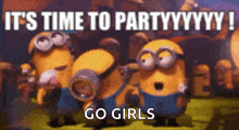 a group of minions standing next to each other with the words " it 's time to party " on the bottom