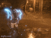 a man with a beard is standing in a dark room with a lightning bolt behind him