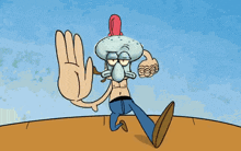 a cartoon of squidward from spongebob squarepants giving a stop sign