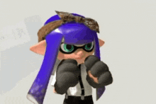 a cartoon character with purple hair and goggles is pointing