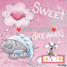 a picture of a teddy bear wearing a sleep cap with the words `` sweet wub u pappa dreams ''