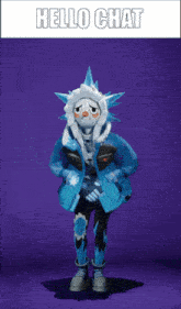 a cartoon character with ice spikes on his head is standing in front of a sign that says hello chat