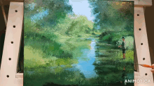 a painting of a man fishing by a river is made in animatica