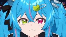 a close up of a girl 's face with blue hair and red eyes