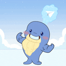a cartoon drawing of a whale with a paper airplane coming out of its head
