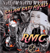 a poster that says rmc on it with a skeleton and a woman