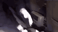 a close up of a person 's foot in a dark room with a light on it .