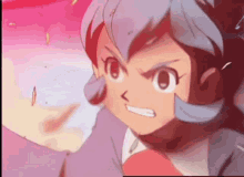 a close up of a cartoon character with blue hair