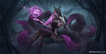 a painting of a woman with purple hair and a purple tail