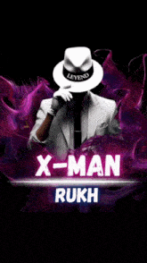 a man in a white suit and tie with a white hat that says legend