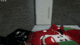 a screenshot of a video game shows a bed with a red and green christmas blanket