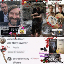 a collage of pictures with one that says jonathan heart are they lovers on it