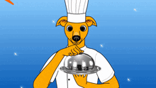 a dog wearing a chef 's hat is holding a tray