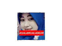 a woman wearing a blue hijab is behind a red sign that says " assalamualaikum "