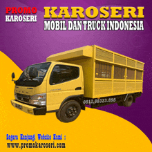 a yellow truck on a purple background that says promo karoseri