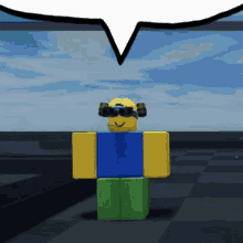 a roblox character wearing sunglasses and a hat is standing in front of a speech bubble
