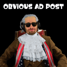 a man with a wig on his head is sitting in a chair with obvious ad post written above him