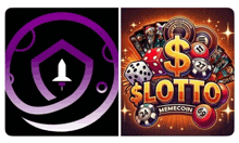 a logo for memecoin and a logo for a lotto game .