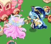 two cartoon characters are standing next to each other on a grassy field .