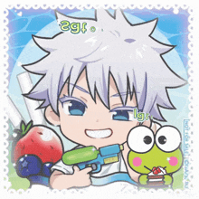 a cartoon character holding a water gun next to a frog