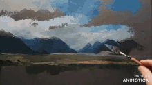 a person is painting a mountain landscape and the painting is made in animotica