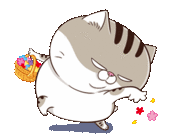 a cartoon cat is holding a basket of flowers and flowers are flying around it .